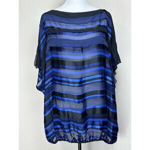 Lane Bryant Women Sheer Navy Black Blue Striped Blouse Elastic Bottom Hem